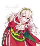  1girl blush breasts cape christmas corrin_(fire_emblem) corrin_(fire_emblem)_(female) fire_emblem fire_emblem_fates gloves hair_between_eyes hair_ornament hairband hiyori_(rindou66) long_hair looking_at_viewer manakete open_mouth pointy_ears red_eyes santa_costume silver_hair simple_background smile solo white_hair 