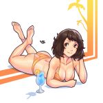  1girl 99vj absurdres ass bikini breasts brown_eyes brown_hair cleavage collarbone highres kawakami_sadayo large_breasts looking_at_viewer lying medium_breasts on_stomach persona persona_5 short_hair simple_background smile solo swimsuit the_pose wavy_hair 