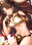  1girl ;3 black_hair black_ribbon black_sleeves blush breasts character_name cleavage collar copyright_name cowboy_shot detached_sleeves fate/grand_order fate_(series) finger_to_mouth hair_ribbon highres ishtar_(fate)_(all) ishtar_(fate/grand_order) kippu medium_breasts navel one_eye_closed red_eyes ribbon signature solo two_side_up 
