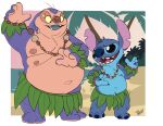  2021 3_toes 4_eyes 4_fingers alien anthro beach belly blue_body blue_eyes blue_fur blue_mouth blue_nose blue_tongue dancing disney duo experiment_(lilo_and_stitch) eyebrows feet fingers fur grass_skirt hi_res hula hula_dancer jumba_jookiba kweltikwan lilo_and_stitch male moobs multi_eye multi_nipple nipples notched_ear open_mouth open_smile overweight palm_tree plant purple_body purple_skin raised_eyebrow sea seaside smile stitch_(lilo_and_stitch) tbid toes tongue tree tropical water yellow_sclera 
