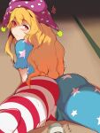  1girl american_flag_dress anger_vein ass bangs blonde_hair blue_dress blush closed_mouth clownpiece commentary_request dress eyebrows_visible_through_hair feet_out_of_frame feet_up from_behind hat hekiga_(freelot) highres jester_cap long_hair looking_at_viewer looking_back lying on_stomach pantyhose polka_dot purple_headwear pussy_juice red_eyes sex_toy short_sleeves solo star_(symbol) star_print tatami thighs touhou trembling very_long_hair vibrator wavy_hair 