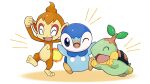  blue_eyes chimchar closed_eyes commentary_request fangs fire flame leg_up no_humans one_eye_closed open_mouth piplup pokemon pokemon_(creature) project_pochama standing standing_on_one_leg starter_pokemon_trio toes tongue turtwig 