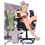  1girl alternate_costume alternate_hairstyle azur_lane babydoll bare_arms bare_legs bare_shoulders barefoot black_bow bow breasts chair collarbone controller das_boot falsche.shido frilled_nightgown game_controller hair_bun lingerie masturbation mirror mirror_image monitor nightgown office_chair open_mouth platinum_blonde_hair playstation_5 poster_(object) sidelocks sitting slit_pupils small_breasts solo spaghetti_strap strap_slip thighs tied_hair u-96_(azur_lane) u-96_(secret_game_time)_(azur_lane) underwear yellow_eyes 