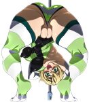 1girl akatsuki_kirika ass bent_over blonde_hair blush bouncing_breasts breasts cameltoe covered_anus covered_navel covered_nipples fat_mons from_behind full_body green_eyes green_leotard highres impossible_clothes impossible_leotard j.h. large_breasts leotard looking_at_viewer looking_back open_mouth partially_visible_vulva pole_dancing puffy_nipples scythe senki_zesshou_symphogear shiny shiny_clothes shiny_hair shiny_skin short_hair simple_background skin_tight smile solo standing striped striped_legwear teeth thighs white_background 