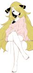  1girl barefoot blonde_hair bra breasts chorimokki closed_mouth commentary_request cynthia_(pokemon) feet hair_ornament hair_over_one_eye highres long_hair looking_at_viewer nail_polish pokemon pokemon_(game) pokemon_dppt simple_background sketch smile solo sweater toes underwear very_long_hair white_background 