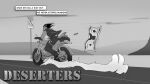  16:9 aardwolf anthro black_hair clothing comic desert deserters gemini_pestdeath hair hyaenid hybrid leather leather_clothing male mammal money monochrome motorcycle pestdeath road solo topwear vehicle vest webcomic webcomic_character widescreen 