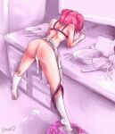 1girl after_sex after_vaginal apron ass back bad_id bad_pixiv_id bent_over bra cum cum_in_pussy cum_pool cumdrip doki_doki_literature_club english_text ernst_danu from_behind fucked_silly highres kitchen kneehighs kneepits leaning_forward legs_apart mixing_bowl natsuki_(doki_doki_literature_club) nearly_naked_apron panties panties_around_one_leg pink_hair pink_skirt pink_theme purple_bra purple_panties revision romaji_text short_twintails simple_background skirt skirt_around_one_leg solo spread_legs standing tiptoes trembling twintails uncensored underwear waist_apron white_legwear 