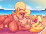  absurd_res activision anthro bandicoot beach big_breasts blonde_hair breast_suck breasts choker coco_bandicoot crash_bandicoot_(series) dongitos duo female female/female hair hi_res huge_breasts jewelry mammal marsupial necklace nude nude_beach seaside sucking tawna_bandicoot video_games 