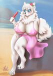  anthro areola areola_slip artbynit barefoot beach big_breasts bikini breasts canid canine canis chubby_female clothing cumu domestic_dog dripping embarrassed female food fur hi_res huge_breasts mammal micro_bikini nipple_outline nordic_sled_dog overweight overweight_anthro overweight_female popsicle popsicle_melting samoyed seaside solo spitz swimwear white_body white_fur 