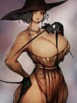  1girl alcina_dimitrescu black_gloves black_hair breasts claws cleavage dress fumio_(rsqkr) gloves grey_background hand_on_hip hat highres huge_breasts lipstick looking_at_viewer makeup resident_evil resident_evil_village short_hair simple_background solo thick_thighs thighs veins veiny_breasts wide_hips yellow_eyes 