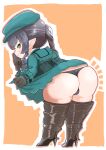  1girl absurdres ass black_hair black_panties boots commission corset dress emphasis_lines final_fantasy final_fantasy_xiv flat_cap gloves green_dress green_eyes hat havilaladlf highres lalafell looking_back naughty_face panties plump pointy_ears ponytail skeb_commission smile thigh_boots thighhighs thighs underwear 