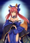  1girl absurdres akako_(lovewwsh521) animal_ear_fluff animal_ears bare_shoulders blue_kimono blue_legwear blue_ribbon breasts cleavage detached_sleeves eyebrows_visible_through_hair fate/extella fate/extra fate/extra_ccc fate/grand_order fate_(series) fox_ears fox_girl fox_tail hair_ribbon highres japanese_clothes kimono large_breasts looking_at_viewer outdoors pink_hair ribbon solo tail tamamo_(fate)_(all) tamamo_no_mae_(fate) yellow_eyes 