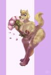  2017 anthro big_breasts big_butt blonde_hair blue_eyes bouquet breasts brown_body brown_fur brown_nipples brown_nose butt druid female flower fluffy fluffy_tail fur gnoll hair hi_res huge_breasts hyaenid looking_at_viewer magic_user mammal mane nipples nude plant ria_(gnoll) simple_background smile solo thick_thighs tribal_spellcaster twistedteeth wide_hips 
