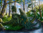  2021 ambiguous_gender claws day detailed_background digital_media_(artwork) dragon drerika feathered_dragon feathered_wings feathers feral forest fur furred_dragon grass horn outside plant sky solo tree water wings wyvern 
