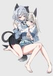  2girls animal_ears bangs barefoot belt black_neckwear black_skirt blue_belt blue_eyes blue_jacket blush cat_ears cat_tail closed_mouth commentary dog_ears dog_tail dress_shirt eila_ilmatar_juutilainen grey_background grey_hair half-closed_eyes hand_on_another&#039;s_face hands_together highres hug hug_from_behind interlocked_fingers jacket kogarashi51 long_hair looking_at_another looking_back medium_hair military military_uniform miniskirt multiple_girls necktie no_legwear no_pants parted_lips pleated_skirt sanya_v_litvyak shirt silver_hair simple_background sitting skirt smile strike_witches tail uniform white_shirt wing_collar world_witches_series yuri 
