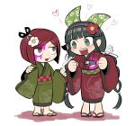  2girls :d alternate_costume bangs blood bloody_clothes blunt_bangs blush blush_stickers brown_eyes brown_hair chabashira_tenko chibi clenched_hands commentary_request danganronpa_(series) danganronpa_v3:_killing_harmony fake_blood flower full_body furukawa_(yomawari) green_kimono grey_eyes hair_flower hair_ornament hair_ribbon hands_up heart highres injury japanese_clothes kimono knife long_hair long_sleeves looking_at_another mole mole_under_mouth multiple_girls obi open_mouth pink_blood red_hair red_kimono ribbon sandals sash scissors shiny shiny_hair short_hair simple_background smile standing teeth white_background wide_sleeves yumeno_himiko 