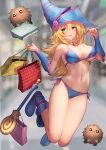  1girl :d arm_guards bag bare_shoulders bikini blonde_hair blue_bikini blue_footwear blue_headwear blurry blurry_background blush boots breasts cleavage collarbone creature dark_magician_girl depth_of_field duel_monster facial_mark flying_sweatdrops green_eyes hat holding holding_bag jumping knee_boots large_breasts lifted_by_self long_hair looking_at_viewer navel open_mouth shopping_bag smile solo staff stomach strap_lift swimsuit thighs underboob urokoda very_long_hair wizard_hat yu-gi-oh! 