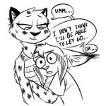  1:1 2021 anthro bodily_fluids cheetah clothed clothing dialogue duo english_text felid feline fur hug lynx mammal marc_(theblueberrycarrots) monochrome simple_background speech_bubble spots spotted_body spotted_fur stephie_(fraydia1) sweat sweatdrop text theblueberrycarrots white_background 