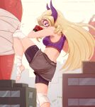  1girl anger_vein bandaged_leg bandages bike_shorts black_shorts boku_no_hero_academia boxing_gloves bra building cheering city domino_mask from_side giant giantess highres horns kicking knee_pads knee_up long_hair mask mount_lady punching_bag purple_bra purple_eyes raps_(yohomeboyraps) short_shorts shorts solo sports_bra superhero underwear very_long_hair 