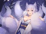  1girl animal_ear_fluff animal_ears bare_shoulders blue_eyes blurry blurry_background breasts breath cleavage depth_of_field fox_ears fox_tail hair_between_eyes highres japanese_clothes kimono kon_(k0n16) large_breasts light_purple_hair long_hair multiple_tails non-web_source obi off-shoulder_kimono original outdoors sash sidelocks snowing solo tail 