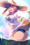  1girl air_bubble animal_ears arm_up ass bangs bikini blue_bikini blue_sky blurry blurry_foreground bracelet breasts bubble cloud eyebrows_visible_through_hair fang fate/grand_order fate_(series) fluffy fox_ears fox_tail from_below green_eyes green_headwear hair_between_eyes hand_up hat highres holding jewelry large_breasts long_hair looking_at_viewer looking_down one_eye_closed open_mouth outdoors partially_submerged purple_hair see-through shiny shirokuma1414 shirt shirt_lift short_sleeves sidelocks skin_fang sky smile solo standing straw_hat submerged sunlight swimsuit tail tamamo_(fate)_(all) tamamo_no_mae_(fate) tamamo_no_mae_(swimsuit_lancer)_(fate) thighs water wet wet_clothes wet_shirt white_shirt 