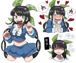  1girl angry bangs bell bell_choker bell_collar black_hair blush bow breasts chabashira_tenko choker clenched_teeth collar commentary_request cropped_legs danganronpa_(series) danganronpa_v3:_killing_harmony drooling eyebrows_visible_through_hair face furukawa_(yomawari) hair_ornament hair_ribbon hairband heart highres jingle_bell large_breasts layered_skirt legs_apart long_hair long_sleeves looking_at_viewer midriff mole mole_under_mouth multiple_views navel open_mouth pink_choker pink_hairband ribbon sailor_collar school_uniform serafuku shaded_face simple_background skirt spoken_character teeth translated twintails white_background white_bow yumeno_himiko 