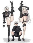  1boy 2girls :p black_blindfold black_legwear blindfold boots breasts cameltoe cleavage commentary covered_nipples feather-trimmed_sleeves highres leg_up leotard long_hair looking_at_viewer mole mole_under_mouth multiple_girls nier_(series) nier_automata nyatokanyaru revision short_hair silver_hair simple_background split squatting standing standing_on_one_leg standing_split thigh_boots thighhighs tongue tongue_out wedgie yorha_no._2_type_b yorha_no._9_type_s yorha_type_a_no._2 