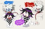 2boys :d ahoge angry bangs black_hair blush checkered checkered_background checkered_scarf commentary_request danganronpa_(series) danganronpa_v3:_killing_harmony disembodied_head furukawa_(yomawari) highres holding_another holding_head keebo looking_at_another male_focus multiple_boys open_mouth ouma_kokichi pants profanity scarf simple_background smile speech_bubble straitjacket upper_teeth white_background white_hair white_pants 
