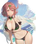  1girl absurdres arm_under_breasts armlet ass_visible_through_thighs bangs bikini black_bikini breasts bright_pupils cleavage earrings front-tie_top highres jewelry kray._(k-ray) large_breasts outdoors pyra_(xenoblade) red_eyes red_hair short_hair sky solo swept_bangs swimsuit tiara water xenoblade_chronicles_(series) xenoblade_chronicles_2 