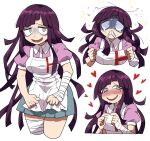  1girl :d apron bags_under_eyes bandaged_arm bandaged_hands bandaged_leg bandages bandaid bandaid_on_face bangs black_hair blush breasts clenched_hands commentary_request cropped_legs danganronpa_(series) danganronpa_2:_goodbye_despair flying_sweatdrops furukawa_(yomawari) grey_shirt heart highres large_breasts long_hair looking_at_viewer messy_hair multiple_views nurse open_mouth pink_shirt pleated_skirt puffy_short_sleeves puffy_sleeves purple_hair shaded_face shiny shiny_hair shirt short_sleeves simple_background skirt smile sweat teeth tsumiki_mikan white_apron white_background 