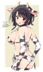  1girl animal_ears animal_print artist_logo beige_background bikini black_hair border breasts cow_ears cow_horns cow_print cow_tail dated ear_tug elbow_gloves from_behind gloves horns kantai_collection large_breasts odawara_hakone red_eyes short_hair side-tie_bikini solo standing swimsuit tail takao_(kantai_collection) thighhighs two-tone_background white_bikini white_border white_gloves white_legwear 