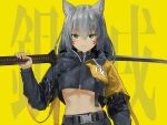  animal_ears catgirl gray_hair green_eyes katana original ribbons short_hair sword tagme_(artist) weapon 