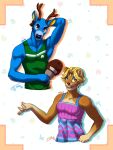 animal_crossing anthro antlers athletic athletic_male bam_(animal_crossing) baseball_cap blue_body blue_fur breasts brown_body brown_fur cervid clothed clothing dress eyeshadow female feralise freckles fully_clothed fur hand_behind_head hat headgear headwear hi_res horn looking_at_viewer makeup male mammal nintendo open_mouth paula_(animal_crossing) shirt tank_top topwear ursid video_games 