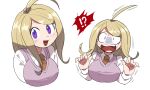  !? 1girl :d ahoge akamatsu_kaede bangs blonde_hair blush breasts collared_shirt commentary_request danganronpa_(series) danganronpa_v3:_killing_harmony expressions furukawa_(yomawari) hair_ornament hands_up highres large_breasts long_hair long_sleeves looking_at_viewer musical_note musical_note_hair_ornament necktie open_mouth school_uniform shirt simple_background smile surprised sweater_vest teeth upper_body white_background white_shirt 