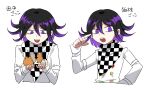  1boy :d animal bangs black_hair checkered checkered_background checkered_scarf commentary_request cropped_torso danganronpa_(series) danganronpa_v3:_killing_harmony furukawa_(yomawari) hamster hand_up highres holding holding_animal jacket looking_at_viewer looking_down male_focus multicolored_hair multiple_views open_mouth ouma_kokichi purple_hair scarf simple_background smile straitjacket translated upper_teeth white_background white_jacket 
