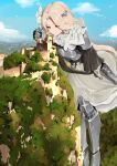  1girl absurdres armor armored_boots armored_dress artist_request aug_(girls_frontline) blonde_hair blue_sky boots breastplate cliff cloud commentary commission gauntlets giant giantess girls_frontline highres light_particles long_hair sky yellow_eyes 