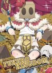  1boy bag_over_head belt blue_belt blue_legwear bracelet cape coin copyright_name cover cover_page crossed_legs crown curtains doujin_cover facing_viewer fur-trimmed_cape fur_trim gem gold holding holding_staff jewelry lying male_focus maru_(sasayama_chikage) necklace number on_back ragnarok_online reclining red_cape shirt shorts socks solo sparkle staff super_novice_(ragnarok_online) treasure_chest white_shirt white_shorts 