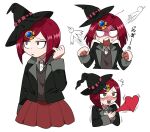  !? 1girl ^^^ anger_vein angry animal_print bangs belt bird_print black_headwear black_jacket blush clenched_hands commentary_request danganronpa_(series) danganronpa_v3:_killing_harmony furukawa_(yomawari) gem hat heart highres jacket long_sleeves looking_at_viewer multiple_views open_clothes open_jacket open_mouth pleated_skirt red_hair red_skirt shirt short_hair simple_background skirt surprised sweat tagme translated white_background witch_hat yumeno_himiko 