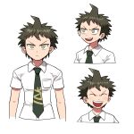  1boy :d ahoge bags_under_eyes bangs blush brown_hair closed_eyes closed_mouth collared_shirt commentary_request cropped_shoulders cropped_torso danganronpa_(series) danganronpa_2:_goodbye_despair expressions frown furukawa_(yomawari) green_neckwear happy highres hinata_hajime looking_at_viewer male_focus multiple_views necktie open_mouth school_uniform shiny shiny_hair shirt short_hair short_sleeves simple_background smile sweatdrop teeth upper_body white_background white_shirt 