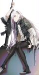  1girl ak-alfa ak-alfa_(girls_frontline) assault_rifle bangs black_legwear commentary_request girls_frontline gun headgear highres jacket long_hair looking_at_viewer open_clothes open_jacket rifle sakippo_(sakippo0) silver_hair sitting solo weapon white_background yellow_eyes 