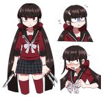  1girl :&lt; bangs blunt_bangs blush closed_mouth collarbone commentary_request cropped_legs danganronpa_(series) danganronpa_v3:_killing_harmony eyebrows_visible_through_hair flying_sweatdrops furukawa_(yomawari) hair_ornament harukawa_maki highres holding holding_knife knife long_hair looking_at_viewer low_twintails mole mole_under_eye open_mouth pale_skin plaid pleated_skirt pout red_eyes red_legwear red_scrunchie sailor_collar scrunchie shirt simple_background skirt thighhighs twintails white_background zettai_ryouiki 