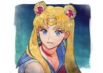 1girl artist_name bangs bishoujo_senshi_sailor_moon blonde_hair blue_eyes blue_sailor_collar blush breasts choker circlet cleavage commentary crescent crescent_earrings double_bun ear_piercing earrings framed from_side hair_ornament hair_over_shoulder heart heart_choker highres jewelry long_hair okada_(hoooojicha) parted_bangs parted_lips piercing red_choker sailor_collar sailor_moon sailor_moon_redraw_challenge sailor_senshi_uniform signature simple_background sleeveless solo sweat symbol_commentary twintails upper_body 