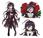 1girl :d ahoge bangs black_legwear breast_pocket clenched_teeth collarbone commentary_request danganronpa:_trigger_happy_havoc danganronpa_(series) flower full_body furukawa_(yomawari) genocider_shou glasses hair_ornament hairclip hands_clasped heart_ahoge highres long_hair long_skirt long_sleeves looking_at_viewer messy_hair mole mole_under_mouth multiple_views neckerchief open_mouth own_hands_together pocket red_eyes red_flower red_rose rose round_eyewear sailor_collar school_uniform serafuku shaded_face shoes simple_background skirt smile standing teeth thighhighs tongue torn_clothes torn_skirt upper_body very_long_hair white_background 