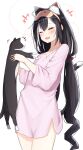  1girl animal animal_ears bangs black_hair blush cat cat_ears cat_girl cat_tail closed_eyes collarbone drill_hair eyebrows_visible_through_hair fang flat_chest from_side hair_between_eyes hands_up highres holding holding_animal holding_cat karyl_(princess_connect!) long_hair long_sleeves no_pants open_mouth pajamas piyomi princess_connect! princess_connect!_re:dive sidelocks sleep_mask smile solo standing tail thighs white_background white_pajamas wide_sleeves 