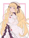  1girl ass back bangs blonde_hair blush breasts cagliostro_(granblue_fantasy) detached_sleeves dress frilled_hairband frills granblue_fantasy grin hairband highres long_hair long_sleeves looking_at_viewer looking_back one_eye_closed purple_eyes small_breasts smile vantrush very_long_hair white_dress 