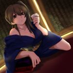  1girl alternate_costume breasts brown_eyes brown_hair cleavage collarbone cup dutch_angle ears expressionless hair_between_eyes highres japanese_clothes kaga_(kantai_collection) kantai_collection kimono looking_at_viewer medium_hair nmz_(namazu) off_shoulder sakazuki side_ponytail signature solo tied_hair 