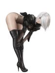  1girl bent_over black_footwear blue_eyes boots cleavage_cutout clothing_cutout elbow_gloves gloves hair_over_one_eye high_heel_boots high_heels highres leaning_forward leotard looking_to_the_side mole mole_under_mouth nier_(series) nier_automata nyatokanyaru puffy_sleeves short_hair simple_background sleeves_rolled_up solo thigh_boots thighhighs traditional_media two-tone_gloves watercolor_(medium) white_background yorha_no._2_type_b 