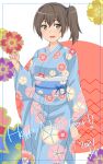  1girl :d absurdres alternate_costume blue_kimono blush brown_hair dated ears eyebrows_visible_through_hair hair_between_eyes hair_tie happy_new_year highres japanese_clothes kaga_(kantai_collection) kantai_collection kimono maonatten new_year open_mouth side_ponytail smile solo tied_hair 