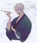  1boy bandage_over_one_eye cosplay costume_switch gintama hand_up japanese_clothes kimono kiseru male_focus one_eye_covered parted_lips pipe red_eyes sakata_gintoki smile smoke solo takasugi_shinsuke takezaki_(artist) white_hair 