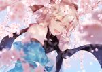  1girl :d absurdres ahoge bangs bare_shoulders black_scarf blonde_hair blue_sky blurry blurry_foreground bow cherry_blossoms eyebrows_visible_through_hair fate/grand_order fate_(series) flower from_side grey_eyes hair_between_eyes hair_bow hand_up haori highres holding holding_flower japanese_clothes kimono koha-ace long_sleeves looking_at_viewer looking_to_the_side off_shoulder okita_souji_(fate) okita_souji_(fate)_(all) open_mouth red_bow scarf short_hair sidelocks sky sleeveless sleeveless_kimono smile solo tree_branch tsukioto upper_body white_kimono 